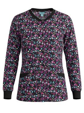 Crayola Threads Womens Multicolor Heart Print Button-Up Scrub Jacket L